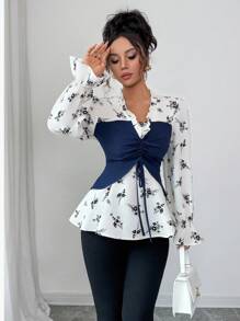 Elenzga 2025 秋季法式女式复古荷叶边 V 领抽绳蝴蝶结撞色碎花喇叭袖衬衫，适合约会、郊游、度假、花园、家庭聚会、劳动节、节假日、独立日、返校、开学 - 彩色 - 查看 4