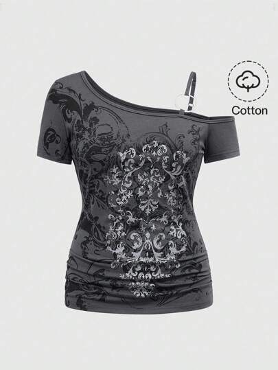 Grunge Punk Camiseta de manga corta de talla grande con cuello asimétrico, estilo gótico, punk, callejero y vintage, color morado, para el verano