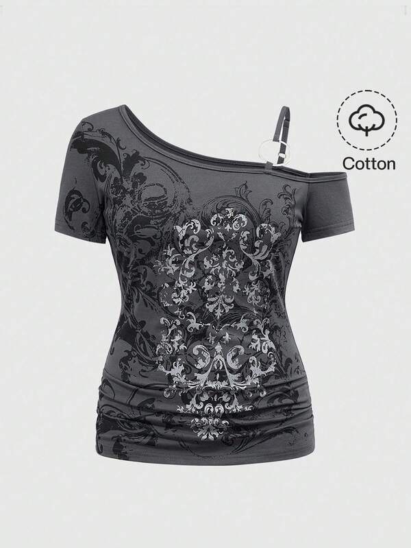 ROMWE Grunge Punk Sexy Asymmetrical Neck Strap Purple Gothic Punk Street Vine Vintage Short Sleeve Plus Size T-Shirt, Summer