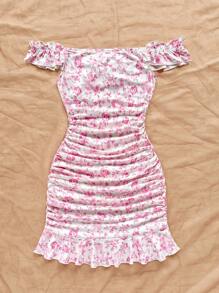 Soleia Vestido mini ajustado con volantes y estampado floral para vacaciones de verano de mujer