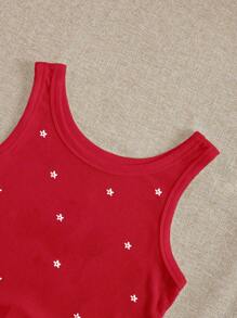 INAWLY Top corto con cuello redondo y bordado floral diminuto para mujer - Rojo - Ver 3