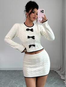 Elenzga 2pcs Autumn/Winter Women's Set: Twist Rope Cable Knit Color Block Pullover Sweater Top + Bodycon Mini Skirt Fall Cloth For Women - White - View 6