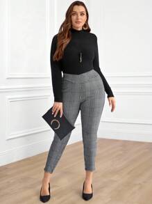 Miaspire 大码冬季女式交叉腰格纹印花松紧腰优雅休闲通勤裤 - 灰色 - 查看 4