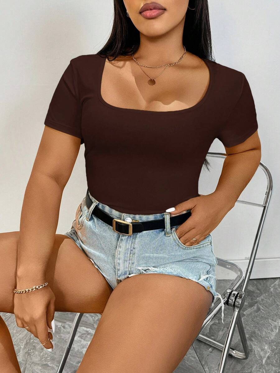 SHEIN Essnce 大码女式夏季休闲上衣，外出上衣，适合乡村音乐会、锐舞派对等场合 - 棕色 - 查看 1