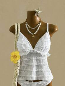 Swim Mod New Elegant Cute Bow Adjustable Strap Ruffle Hem Women's White Party Top And Bow High Cut White Women's Camisole Bikini Top