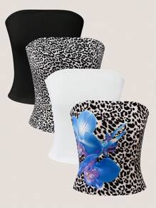 4pcs/Set Teen Girl Casual Leopard & Floral Print Camisole Tops, Versatile Layering Pieces - Multicolor - View 1