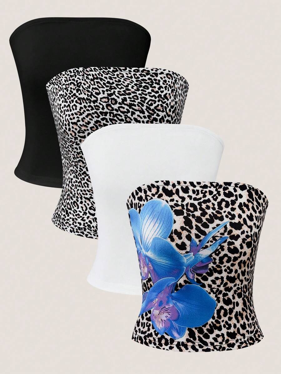 4pcs/Set Teen Girl Casual Leopard & Floral Print Camisole Tops, Versatile Layering Pieces - Multicolor - View 1