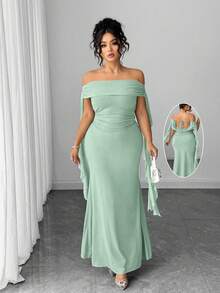 Elenzga Vestido elegante de diseño de volantes de unicolor con hombros descubiertos para mujer de talla grande - Verde - Ver 4