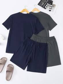 Men's Solid Color V-Neck Short Sleeve T-Shirt And Shorts Pajama Set Short Pajama Set Men Lounge Set Short Sets Summer Sleep Wear Sets Short Sets For Women - Multicolor - View 2