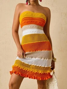 SHEIN VCAY Plus Size Contrast Color Knit Sweater Strapless Dress For Woman,Boho Yellow Orange Beach Cover Up,Tropical Holiday Vacation Autumn Winter Clothes - Orange - View 2