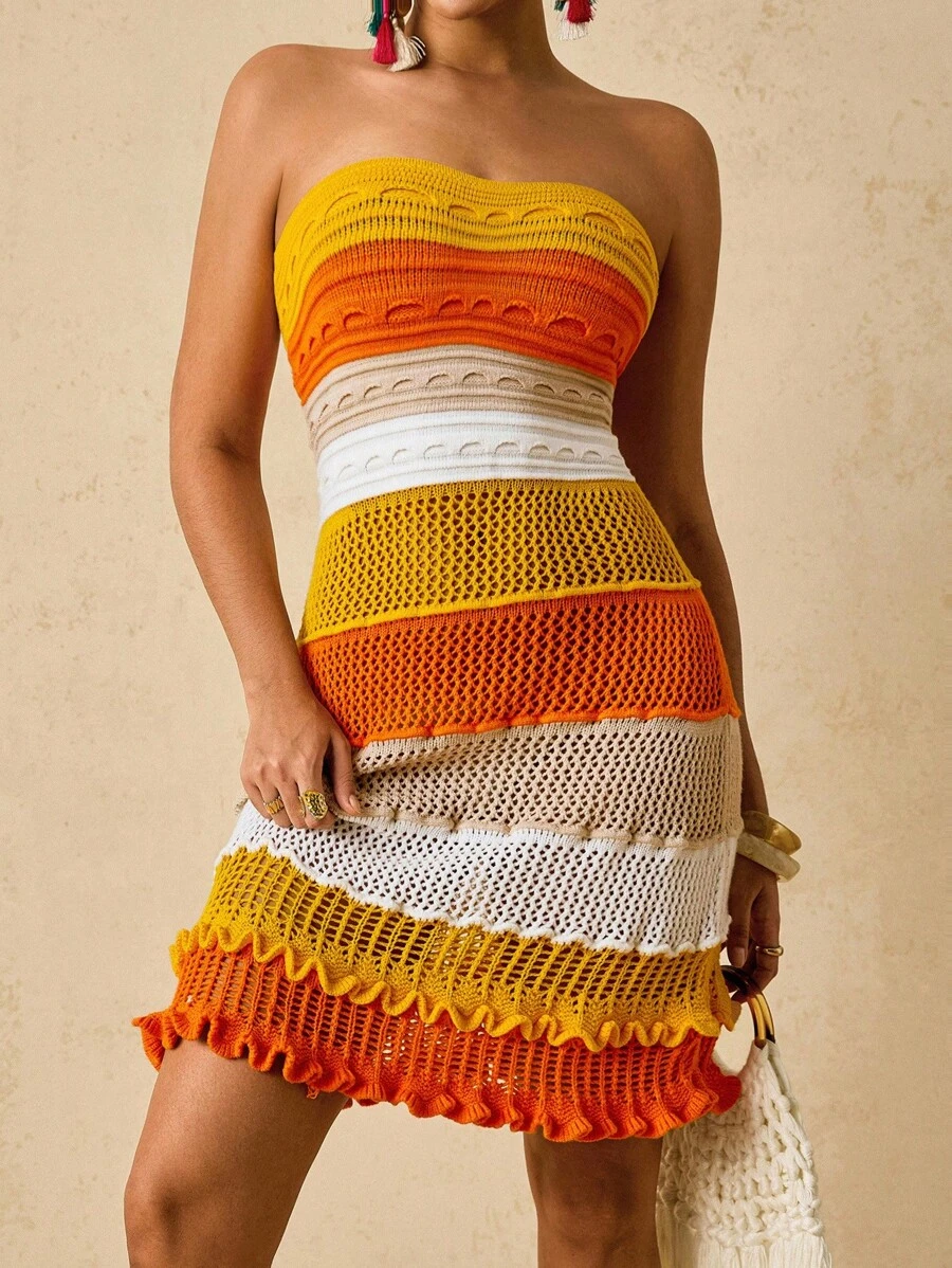 SHEIN VCAY Plus Size Contrast Color Knit Sweater Strapless Dress For Woman,Boho Yellow Orange Beach Cover Up,Tropical Holiday Vacation Autumn Winter Clothes