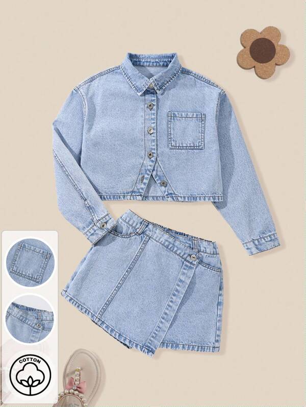 Tween Girl Denim 2-Piece Set, Vintage Streetwear Casual Daily Outfit Recommendation. Includes: Cropped Denim Jacket With Lapel Collar, Pockets And Front Slit Design, Paired With Denim Skort. Suitable For Casual Outings, Dates, Leisure And Social Gatherings.