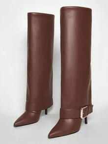SHUZIA Women's Fashionable Point Toe Stiletto Heel Folded Calf Knee-High Boots With Buckled Strap - Chocolate Brown - View 2