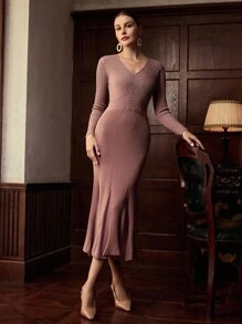 ZEYLAH 优雅V领鱼尾下摆渐变腰连衣裙，秋冬 - 藕粉色 - 查看 6