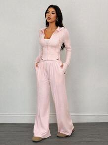 SHEIN PETITE 2pcs Women Pink Fresh Hooded Long Sleeve Top And Pants Set,Fall Women Clothes Two Piece Pants Set Long Sleeve Two Piece Set Casual Two Piece Set Tall Two Piece Set Hooded Two Piece Set - Pink - View 4