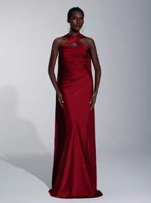 Elitara Váy phù dâu đuôi cá hở vai không dây sang trọng, lãng mạn, trang trí xếp nếp bằng vải chiffon mờ - Màu Đỏ Sâu - Xem 7
