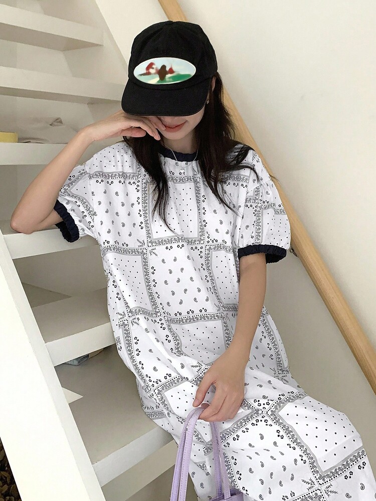 Dazy Kids رداء مطبوع بالزهور للمراهقات والفتيات، فستان كاجوال فضفاض الخصر، خريفي - أبيض - مشاهدة 3