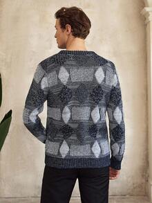 Manfinity Homme 男士休闲几何图案毛衣，秋冬男士几何印花毛衣男针织毛衣老款唯美 - 彩色 - 查看 2