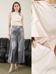 Uhlyne 女式不对称设计无袖露背衬衫，简约法式风格 - 米色 - 查看 4