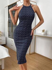 SHEIN Privé Allover Heart Print Split Hem Halter Neck Dress - Blue and White - View 3