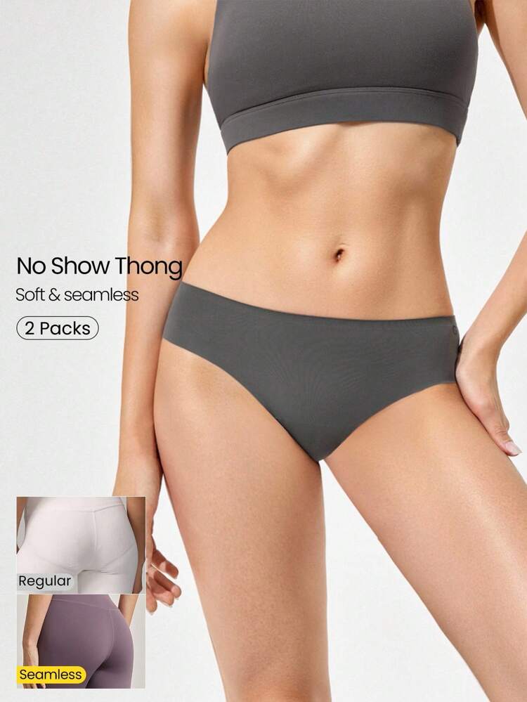 2 Packs Lightweight Breathable Sweat-Wicking Medium-Waist Seamless No-Show Thong Underwear Daily Workout