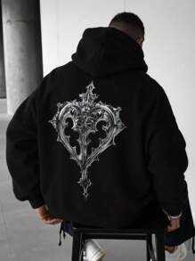 PAVTROS Sudadera con capucha para hombres, tono negro con impresión floral gótica y corazón en la parte delantera y trasera, diseño elegante y personalizado, se adapta a varios tipos de Body, para uso diario - Negro - Ver 4