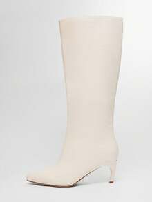 SHUZIA Giày bốt cao gót Kitten Heel #Y2K dành cho nữ, mũi nhọn hoàn hảo, đường may lấy cảm hứng từ phong cách cổ điển và khóa kéo bên hông, chất liệu PU cao cấp hoàn thiện bằng dầu, màu be - Thanh lịch, sang trọng và dễ mang - Màu be - Xem 4