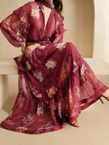 Anewsta 女士半身裙，适合春季、节日、假日、度假、海滩、优雅女士连衣裙、婚礼宾客裙 - 酒紅色 - 查看 7