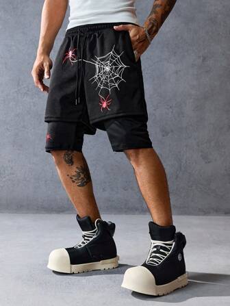 Goth Pantalones cortos con estampado de araña, cintura con cordón y bolsillos, de doble capa, para Halloween