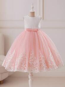 Glamorique Kids Vestido de Tule com Babado de Renda para Menina das Flores, Suave e Doce para Casamento, Festa, Vestido de Princesa - Rosa chiclete - Visão 1
