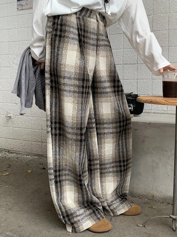 Women's Loose Casual Colorblock Plaid Straight Leg Pants, Suitable For Autumn And Winter