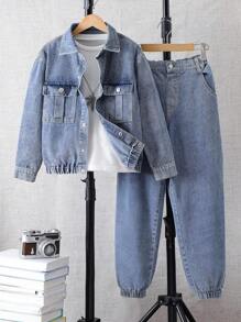 时尚休闲男童牛仔套装，复古两件套服装