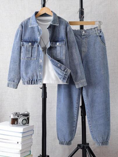 时尚休闲男童牛仔套装，复古两件套服装