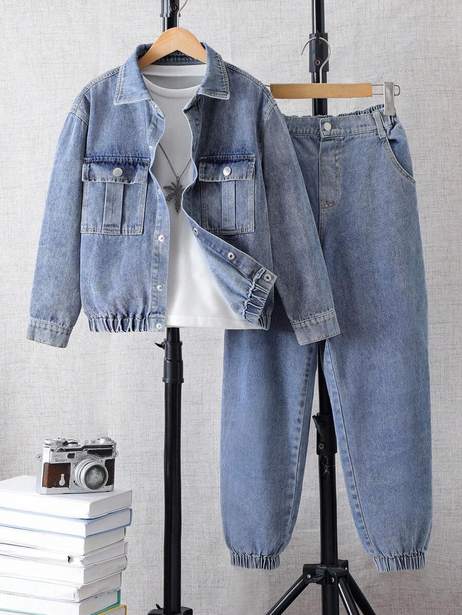 时尚休闲男童牛仔套装，复古两件套服装