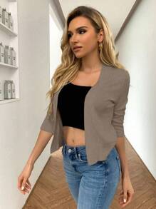 Pariaura V領短款休閒針織開襟衫，中長袖 - 駝色 - 查看 4