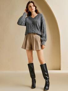 Anewsta Elegant V-Neck Pearl Design Loose Fit Long Knitted Sweater, Suitable For Autumn, Fall, Winter, Going Out, Elegant, Formal, Chic, New Year, Christmas, Graduation, Casual