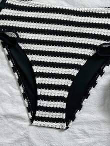 Swim Basics Women's Jacquard Fabric Twist Knot V-Neck Tie Bikini Set, Sexy Beach Vacation - Black and White - View 5