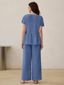 Modelyn 2件組女裝套裝：蝙蝠袖鈕扣襯衫與鬆緊腰直筒長褲，春/秋季 - 藍色 - 查看 2