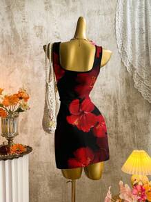 Attitoon Casual Resort Style Red & Black Tropical Floral Pattern Deep V Neck Backless Mini Dress For Women, Suitable For Summer Vacation & Island Holiday,Club Outfits Women Sexy Beach Wear,Boho Clothes Women Suitable For Going Out Chic Dress - Multicolor - View 2