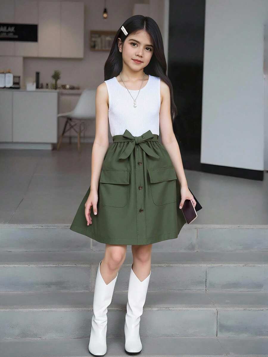 少女彩色拼接翻蓋口袋背心裙 - 彩色 - 查看 1
