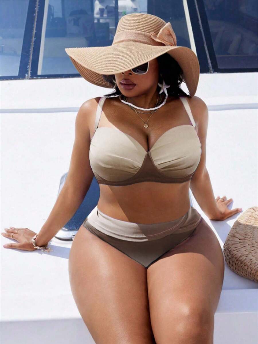 Slaydiva مجموعة بكيني للمرأة ذات الحجم الكبير 2 قطعة، بحمالات سميكة قابلة للتعديل وخصر عالي بتصميم مثلث، طبعة تدرج لون جذاب، مناسبة للعطلات والاستخدام اليومي - بني - مشاهدة 1