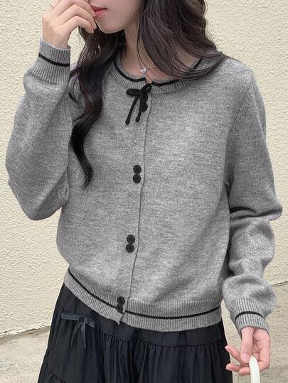 DAZY 少女撞色蝴蝶结装饰圆领长袖单排扣休闲开衫秋冬