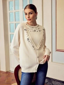 ZEYLAH 时尚优雅亮片水钻装饰开衫针织背心套装 - 米色 - 查看 7