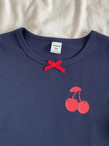 SHEIN Genkimix Kids Young Girl' Navy Blue Ribbed Cherry Print Long Sleeve Top & Ribbed Pants Pajama Set Fall Winter - Multicolor - View 4