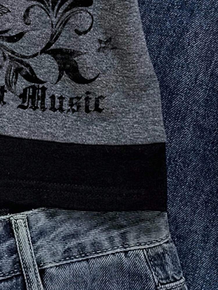 Attitoon Women's Casual Retro Punk Gothic Guitar & English Thorn Rose Print Contrast Color Short Sleeve T-Shirt, Y2K Style, Suitable For Street Wear,Off The Shoulder Top - Multicolor - View 6