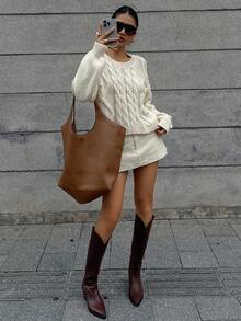 DAZY French Crew Neck Fluffy Rolled Cuff Cable Knit Solid Color Soft & Cozy Loose Pullover Sweater, Autumn/Winter - Apricot - View 7