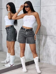 SHEIN ICON 女士休闲水洗牛仔短裤，蝴蝶刺绣，夏季 - 黑色 - 查看 5