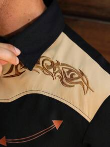 Manfinity Nomadique Vintage Western Cowboy Shirt For Men, Boho Embroidered Chest & Coconut Buttons, Black Long Sleeve Shirt For Festival Streetwear,Concert,Outdoor Activities,Unique Men Gift Idea Button-Down Fit Western Shirt, Fall