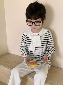 SHEIN Toddler Boys' Spring/Autumn Round Neck Long Sleeve Striped T-Shirt With Shawl Collar And Solid Color Pants Set, Versatile Outfit For Outdoor Play, Parties, Gatherings Chic Outfits For Autumn/Winter - White - View 9