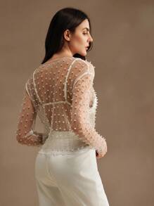 Anewsta 女士透明网眼长袖衬衫，夏季 - 白色 - 查看 2